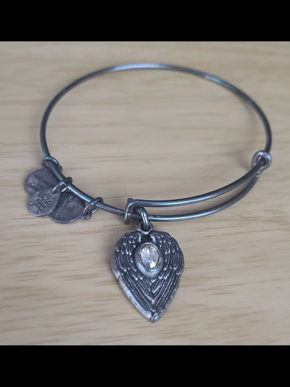 Alex and Ani Silver Angel Wing Heart Charm Bangle with Clear Crystal
